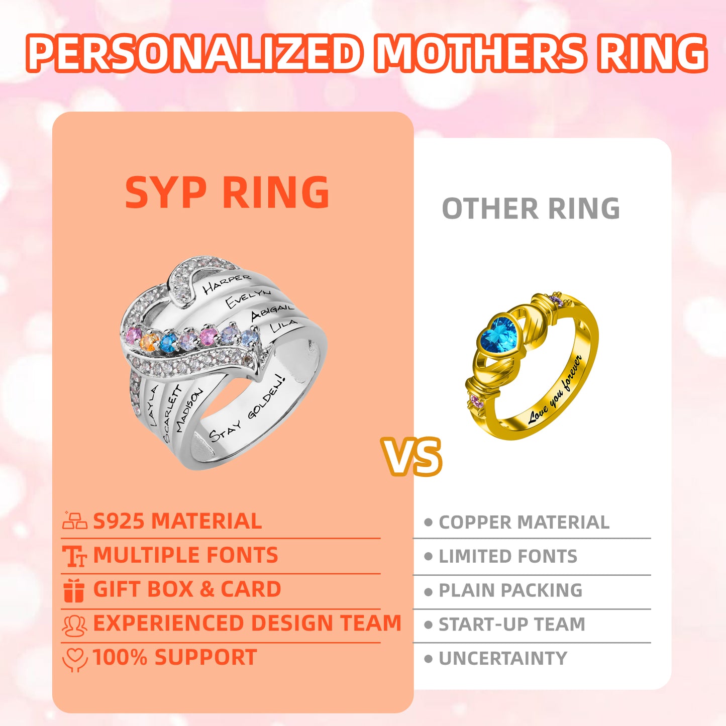 Anillo personalizado de plata de ley S925 con doble corazón de SYP, una piedra